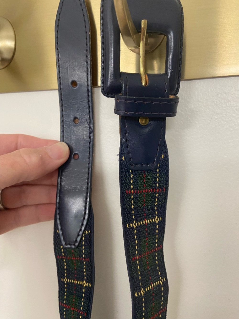 Pearl Navy Plaid Elastic and leather Women’s M Belt  Made in USA Vintage